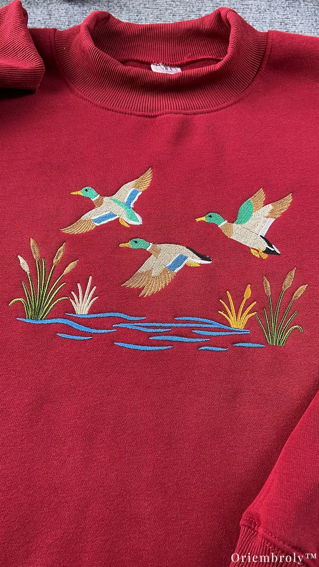 Mallard Ducks Lake Marshland Embroidered Mock-Neck Sweatshirt