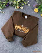 Pumpkin Season Gingham Patchwork Embroidered Dark Brown Crewneck Sweatshirt