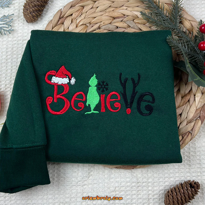 Christmas Believe embroidered sweatshirt with side bow, Merry Xmas Embroidery Pullover, Happy Winter Season Gift