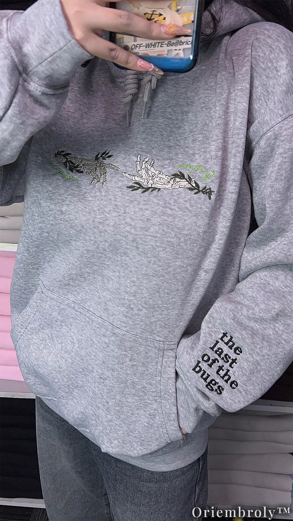 Skeleton Hands & Moth Embroidered Hoodie – Dark Academia Botanical Gothic Fleece Sweatshirt, Vintage Nature Aesthetic Unisex Gift