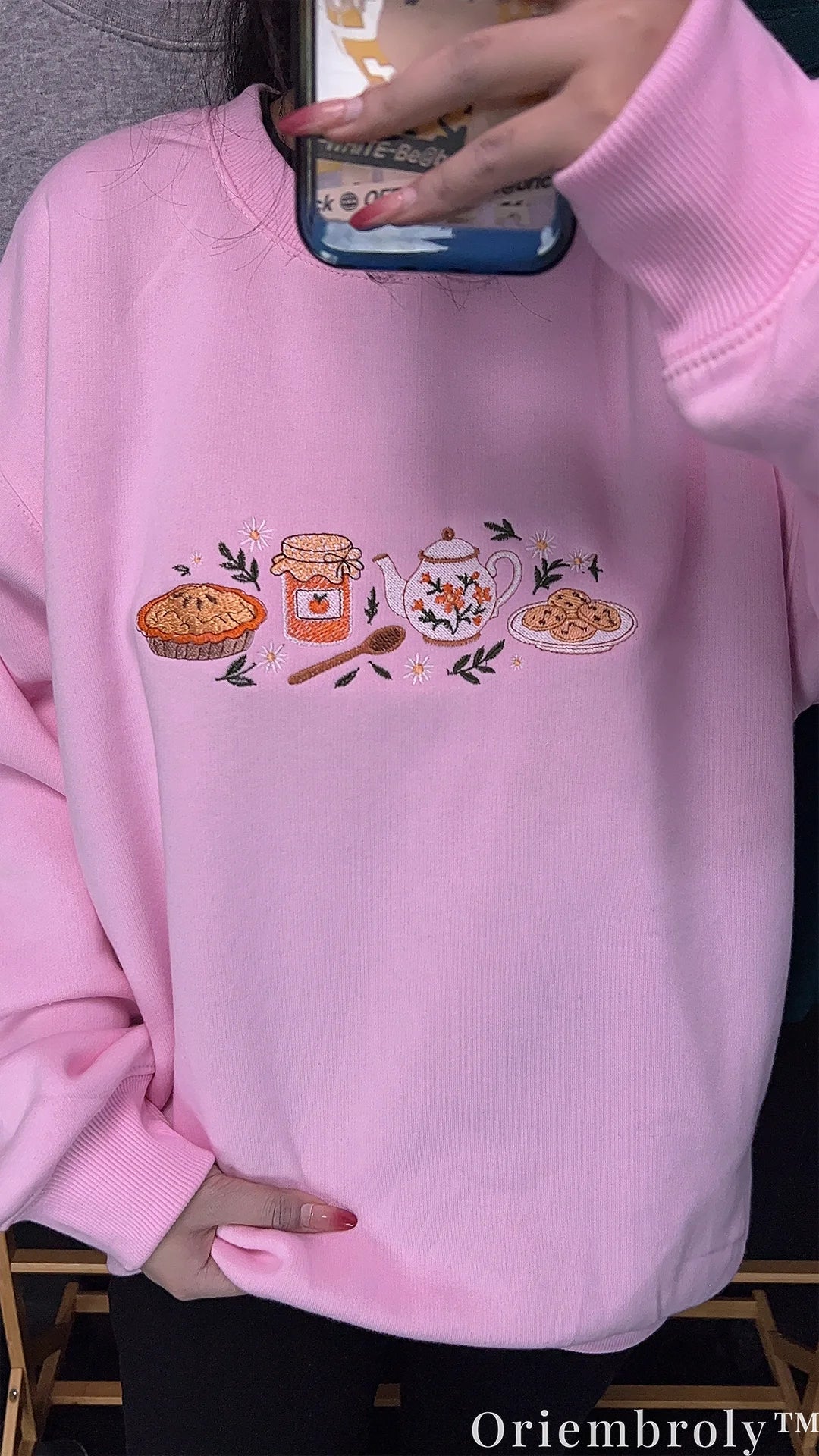 Cottagecore Embroidered Sweatshirt – Honey Tea Party Pink Crewneck, Cozy Aesthetic Pullover