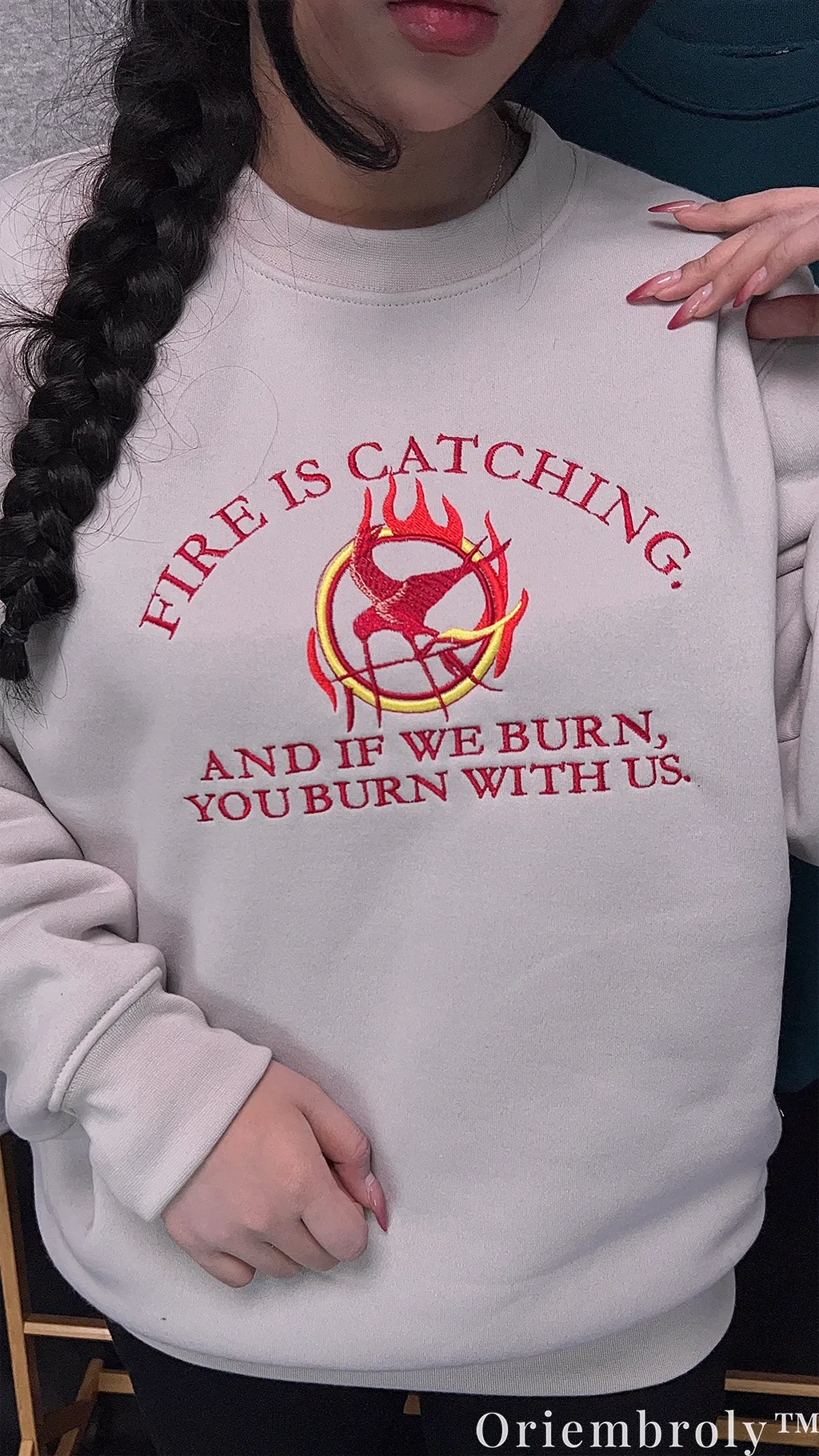 Fire Is Catching Quote Embroidered Sweatshirt