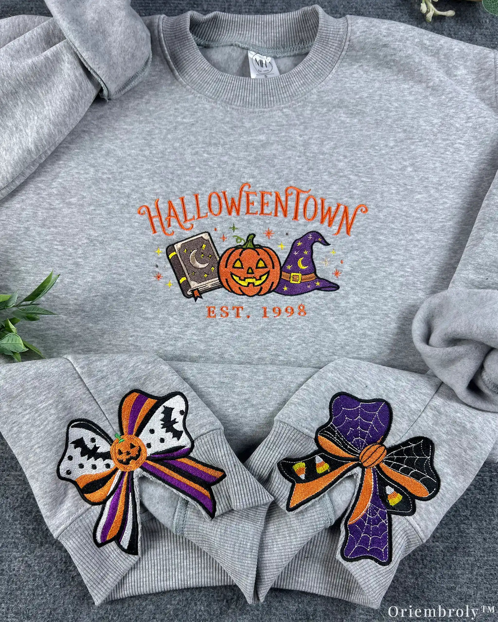 Side Bow Halloween Embroidered Sweatshirt – Vintage Witch Book Halloween Crewneck