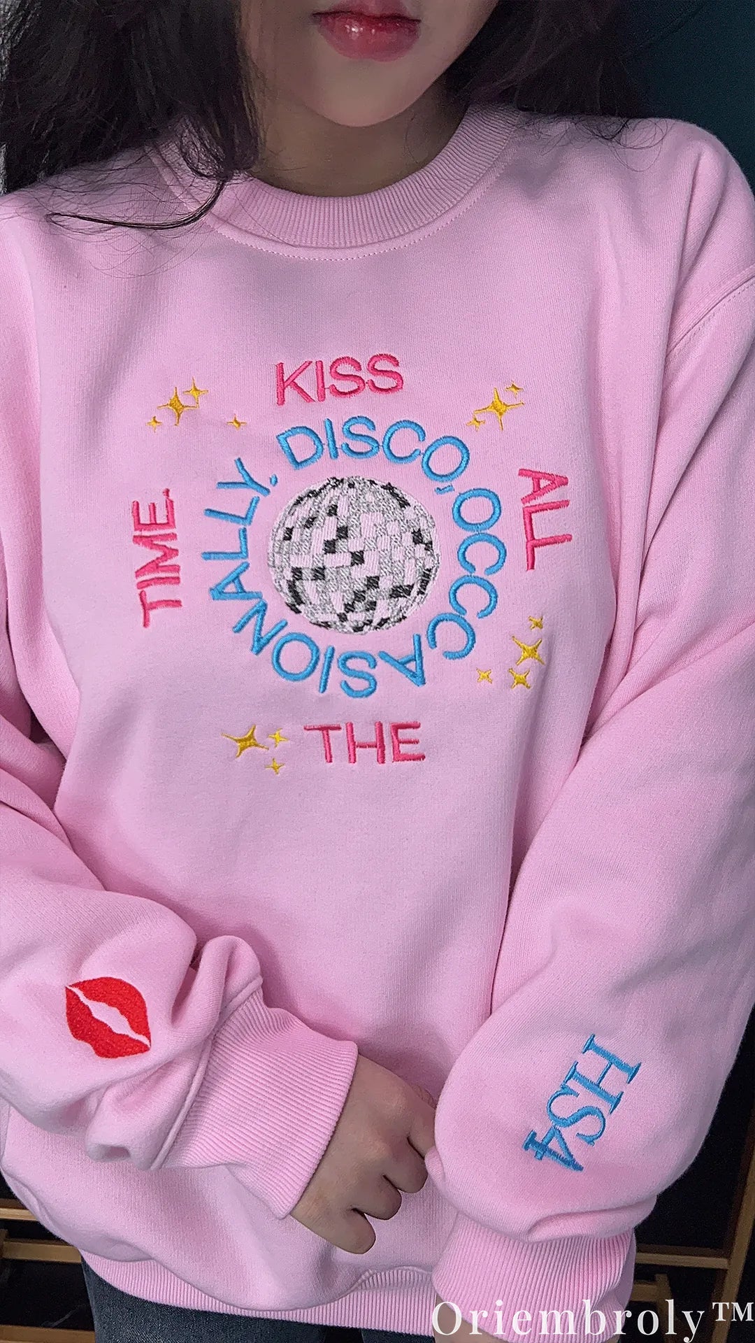 Harry Styles HS4 Disco Ball Embroidered Sweatshirt – Pink Retro Preppy Crewneck