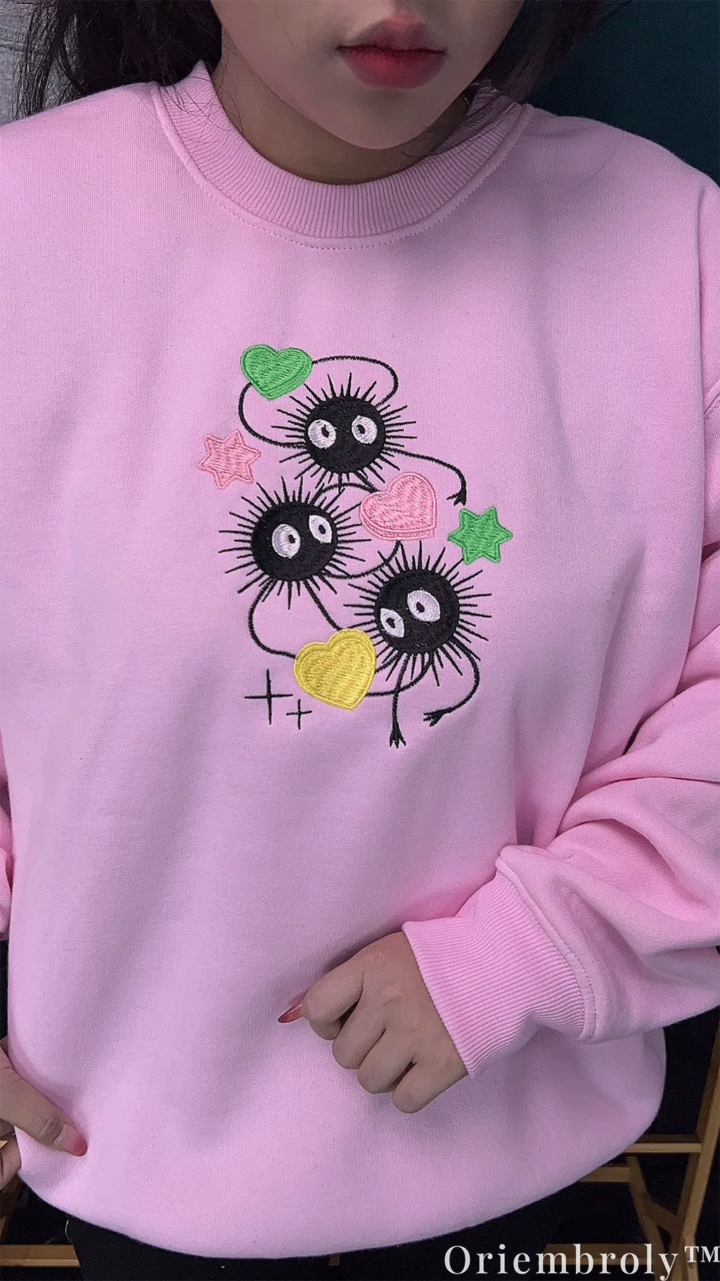 Studio Ghibli Soot Sprite Embroidered Sweatshirt – Cute Anime Crewneck Pink