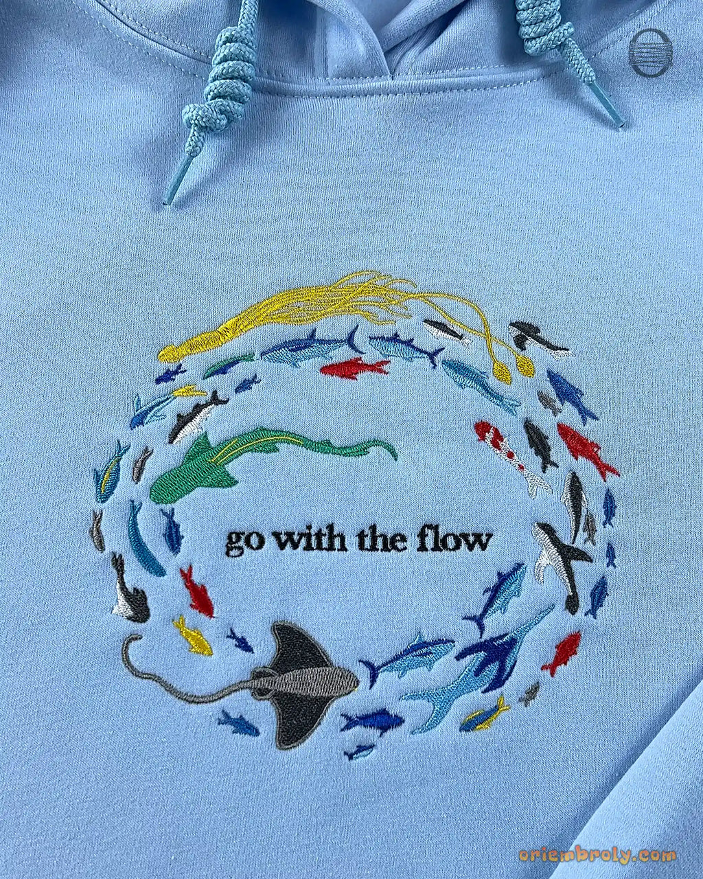 Go With The Flow Marine Life Sea Turtle Manta Ray Embroidered Light Blue Hoodie