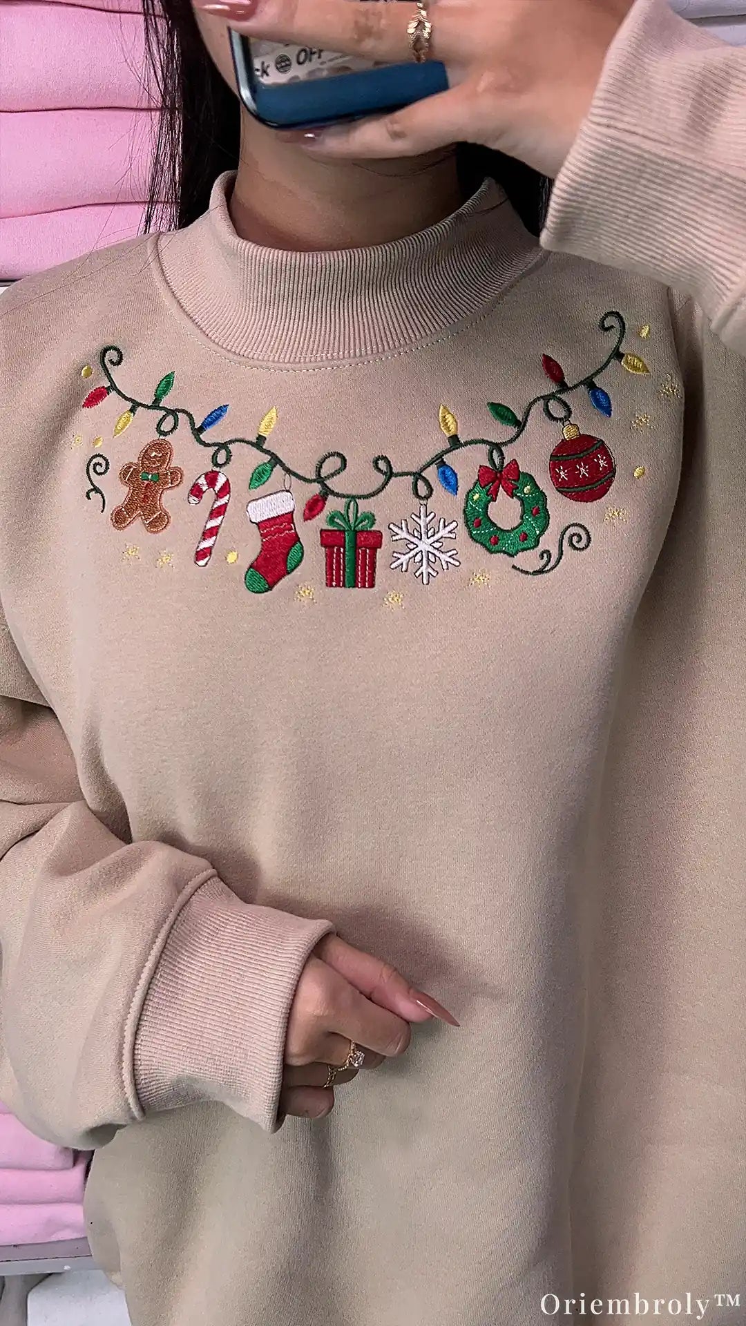 Christmas Garland Holiday Icons Embroidered Mock-Neck Sweatshirt
