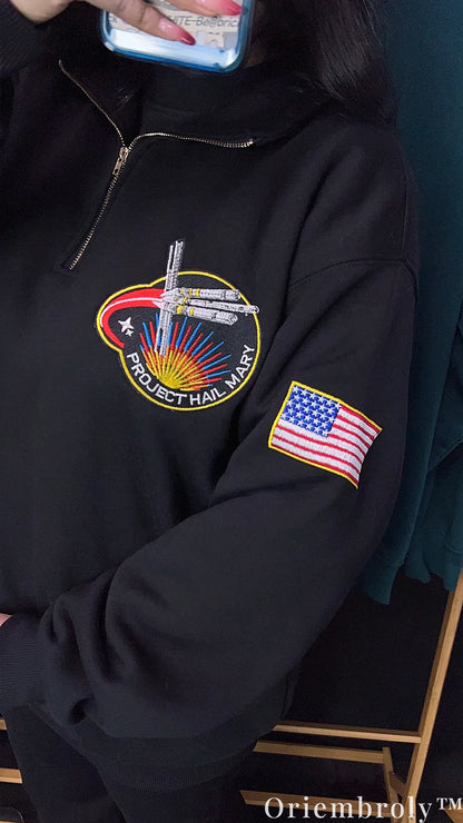 Project Hail Mary Embroidered Quarter Zip – NASA Style Mission Patch Sci-Fi Pullover