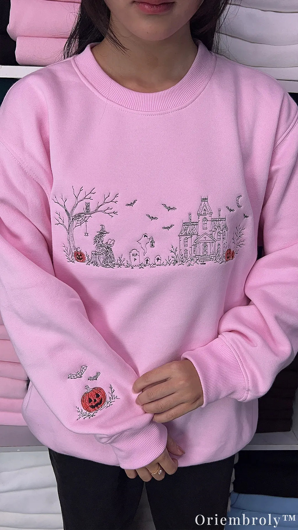 Halloween Village Embroidered Sweatshirt – Witch & Pumpkin Crewneck