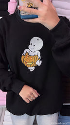 Friendly Ghost Orange Pumpkin Halloween Embroidered Black Crewneck Sweatshirt