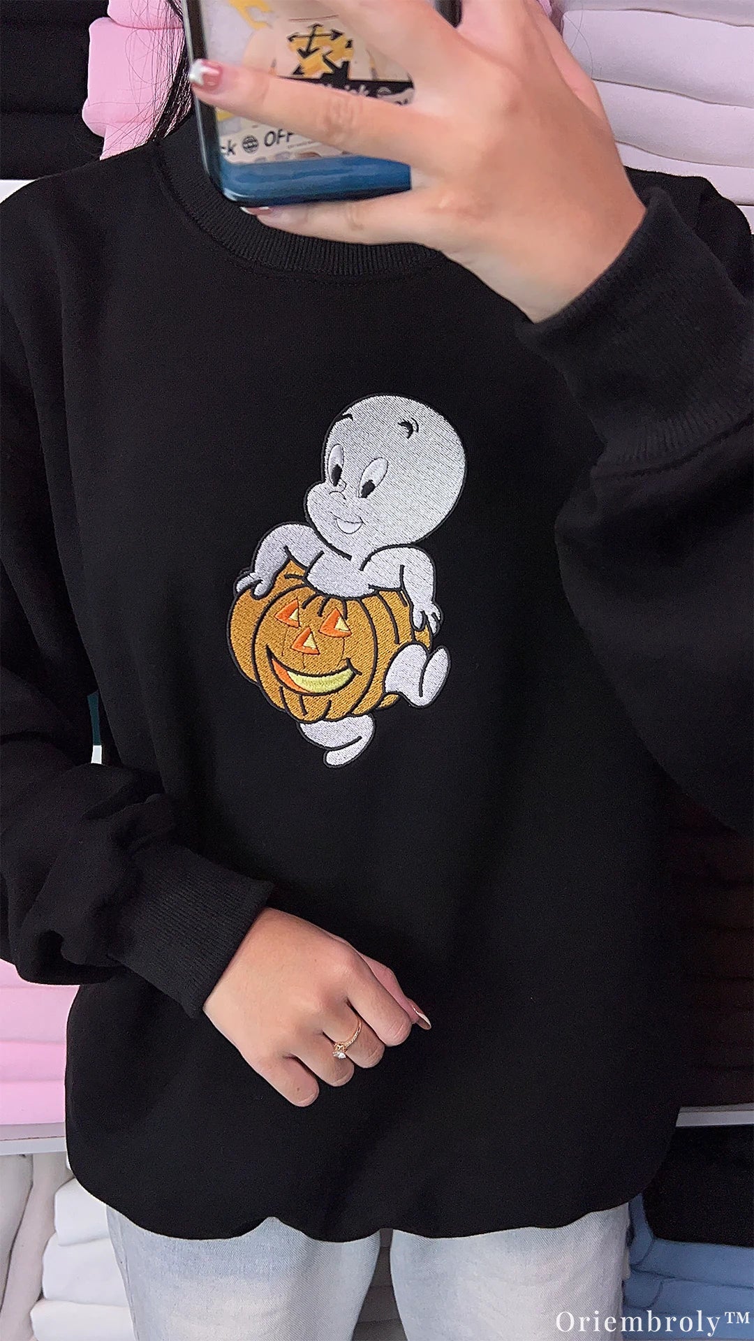 Friendly Ghost Orange Pumpkin Halloween Embroidered Black Crewneck Sweatshirt