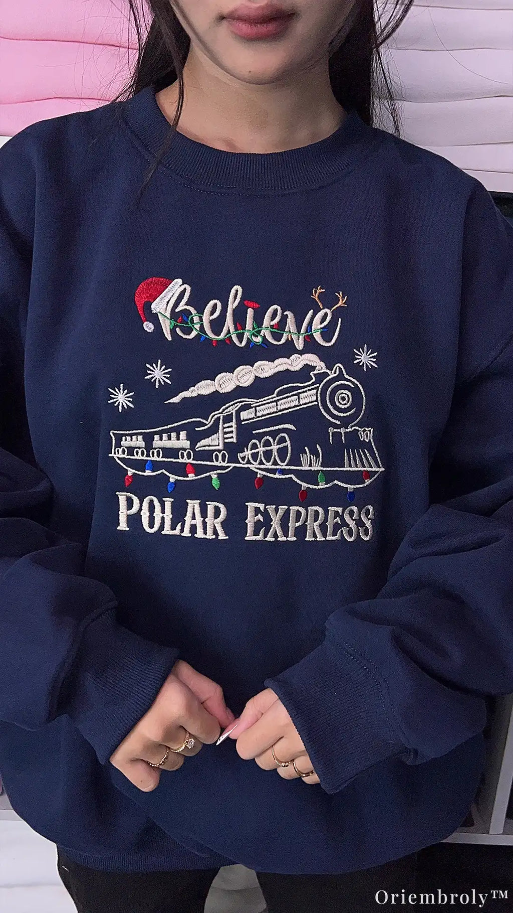 Believe Holiday Christmas Steam Train Lights Embroidered Navy Sweatshirt