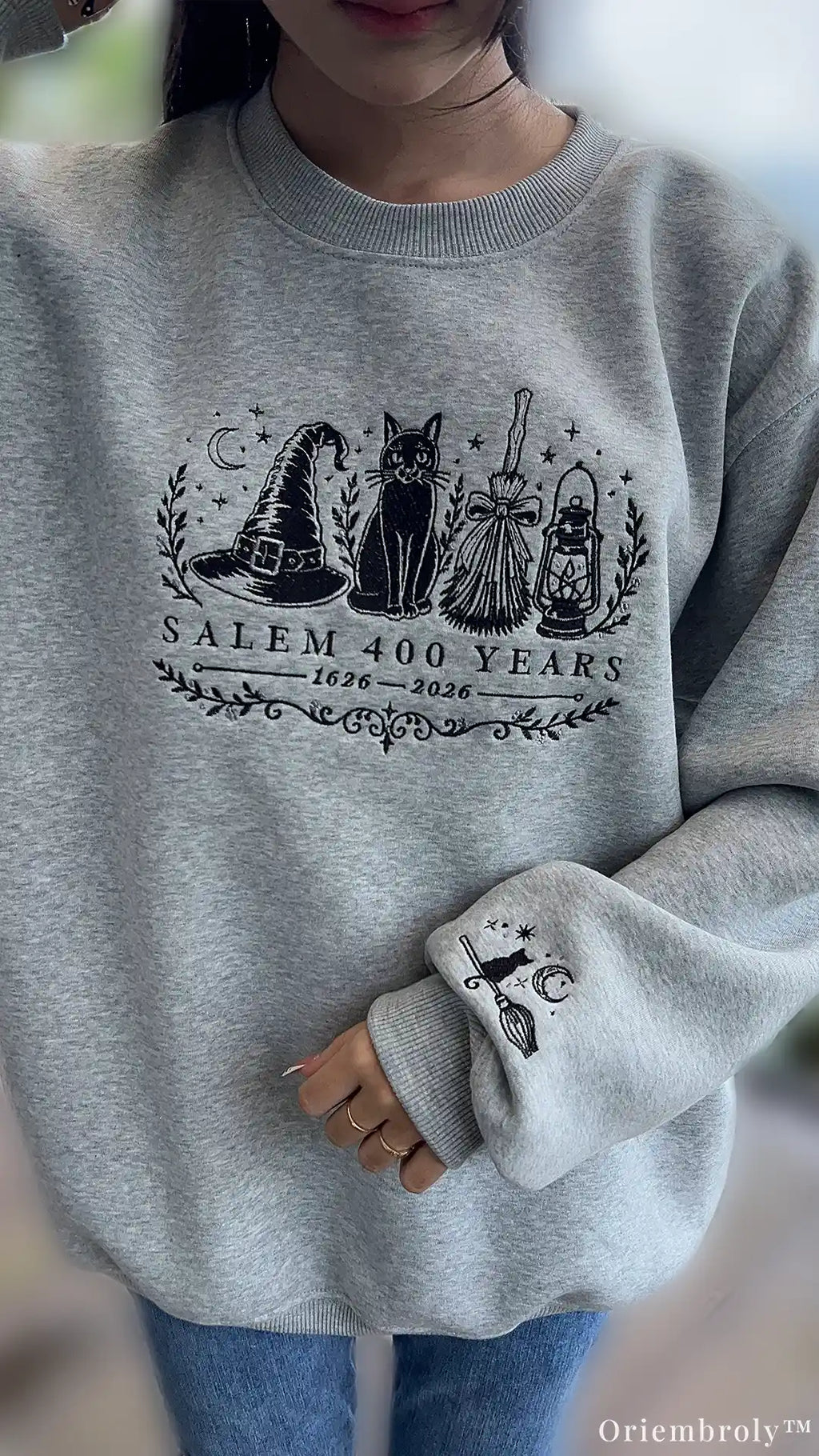 Salem 400 Years Witch Hat Black Cat Broomstick Sleeve Embroidered Grey Sweatshirt
