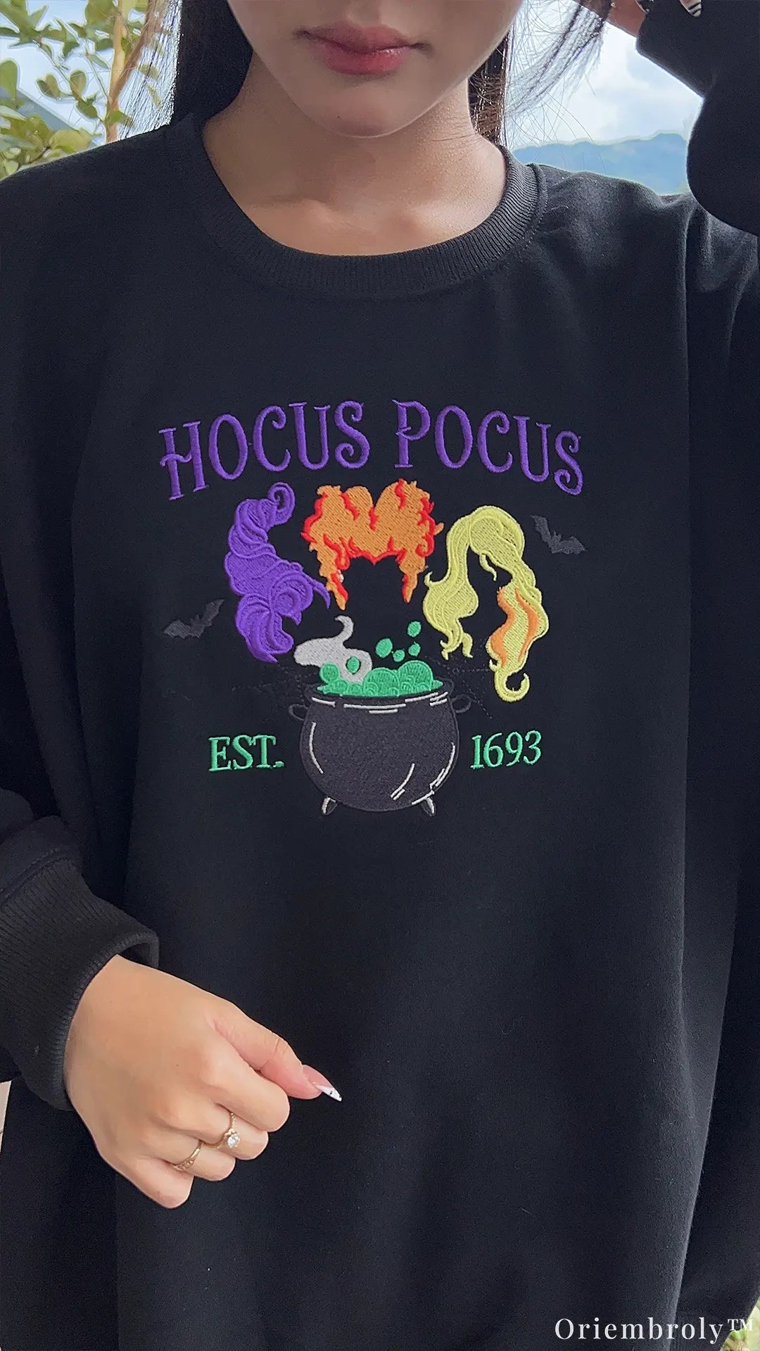 Witch Sisters Magic Cauldron Hair Embroidered Black Crewneck Sweatshirt