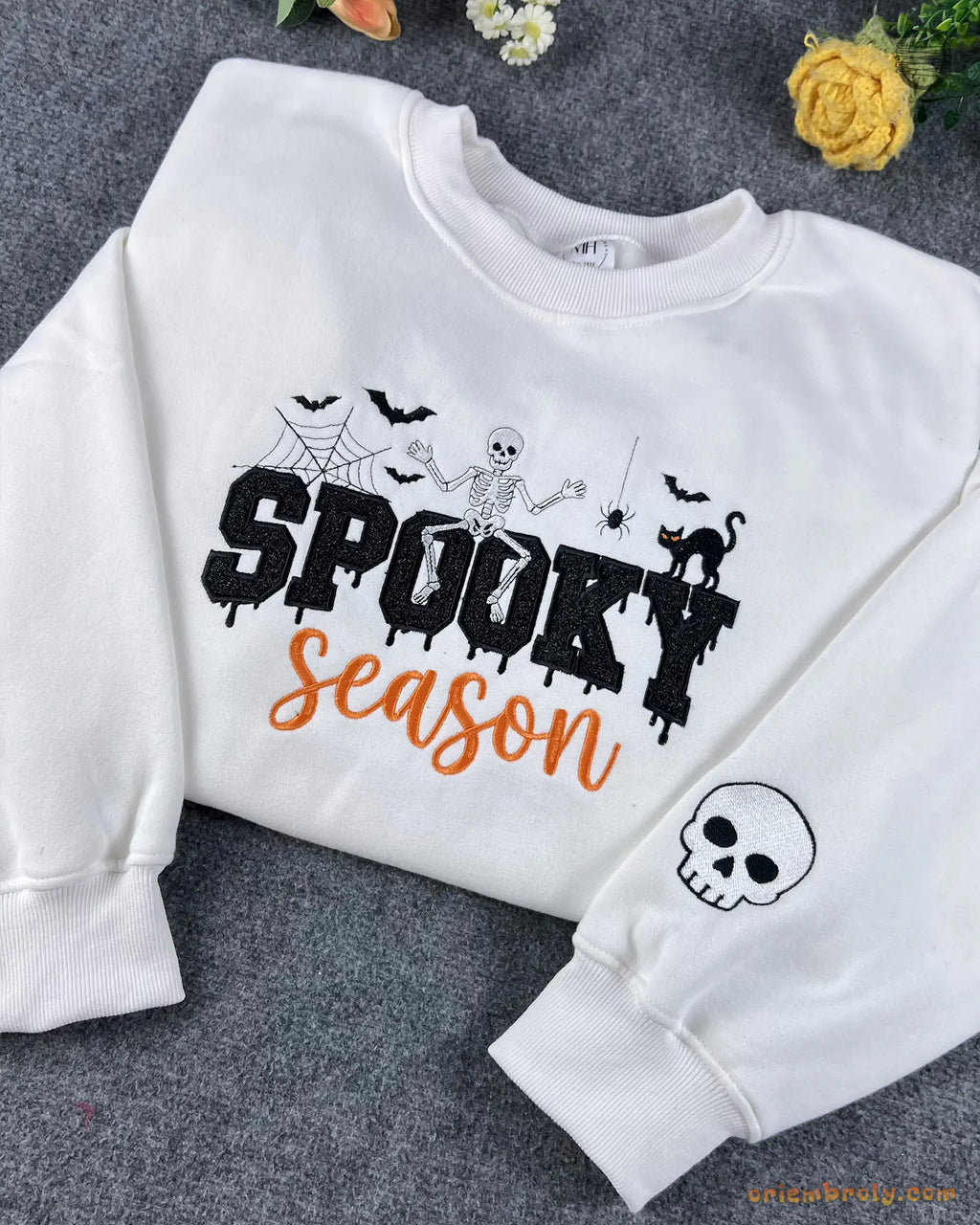 Spooky Season Skeleton Black Cat Embroidered White Crewneck Sweatshirt
