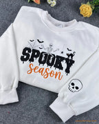 Spooky Season Skeleton Black Cat Embroidered White Crewneck Sweatshirt
