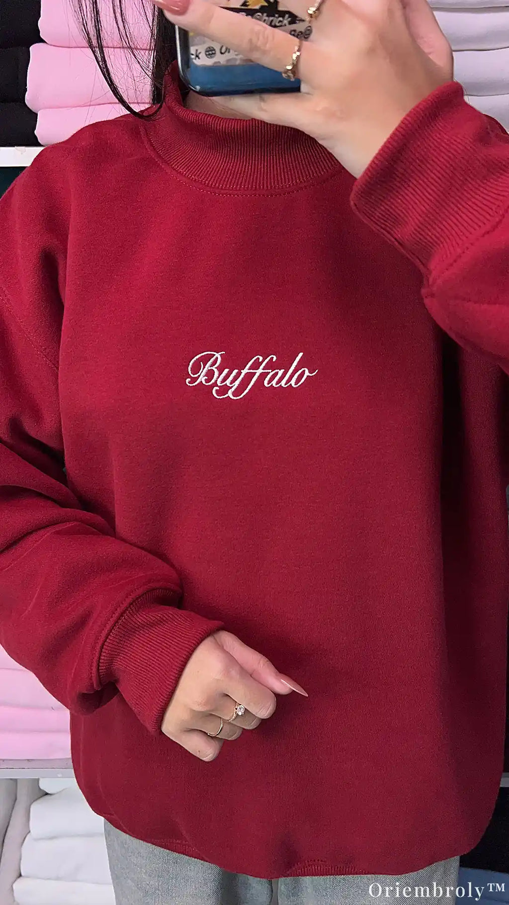 Buffalo Cursive Script Embroidered Mock-Neck Sweatshirt