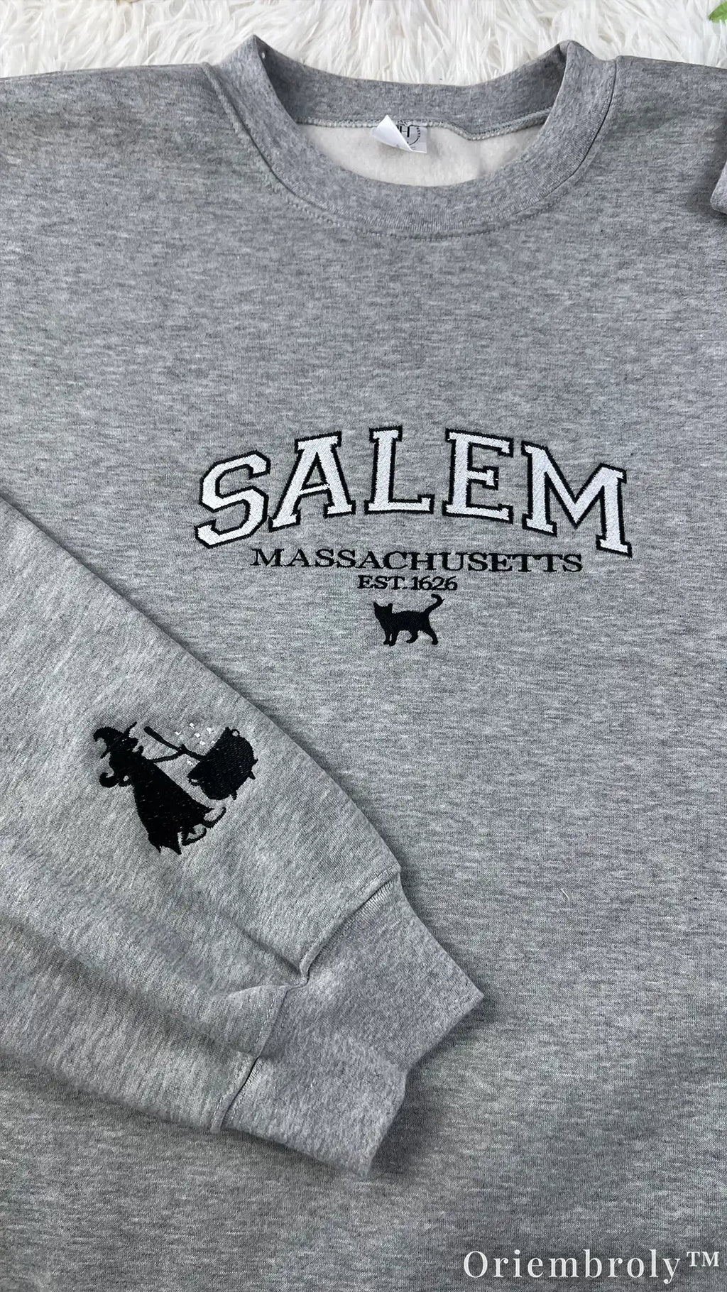 Salem Massachusetts Embroidered Sweatshirt – Witchy Varsity Fleece Crewneck, Gothic Autumn Unisex Gift