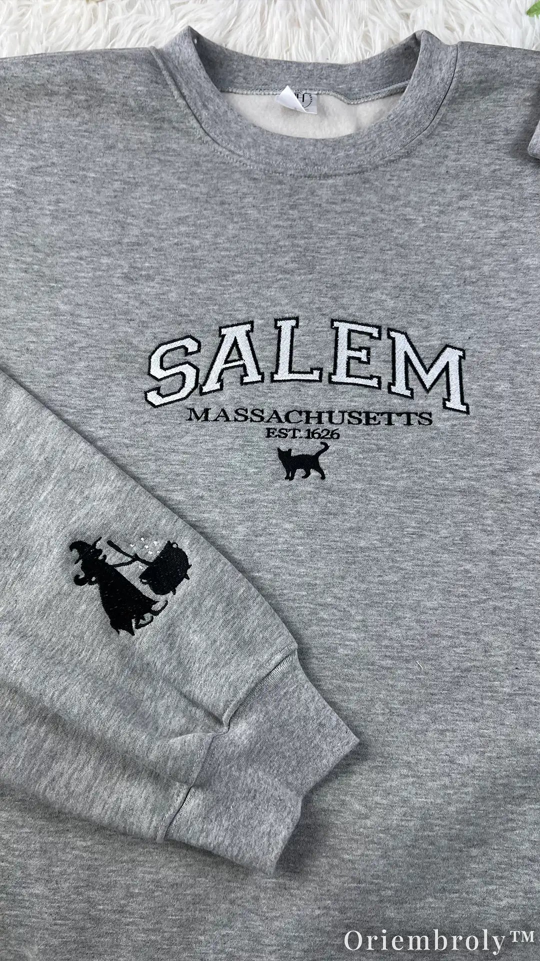 Salem Massachusetts Embroidered Sweatshirt – Witchy Varsity Fleece Crewneck, Gothic Autumn Unisex Gift