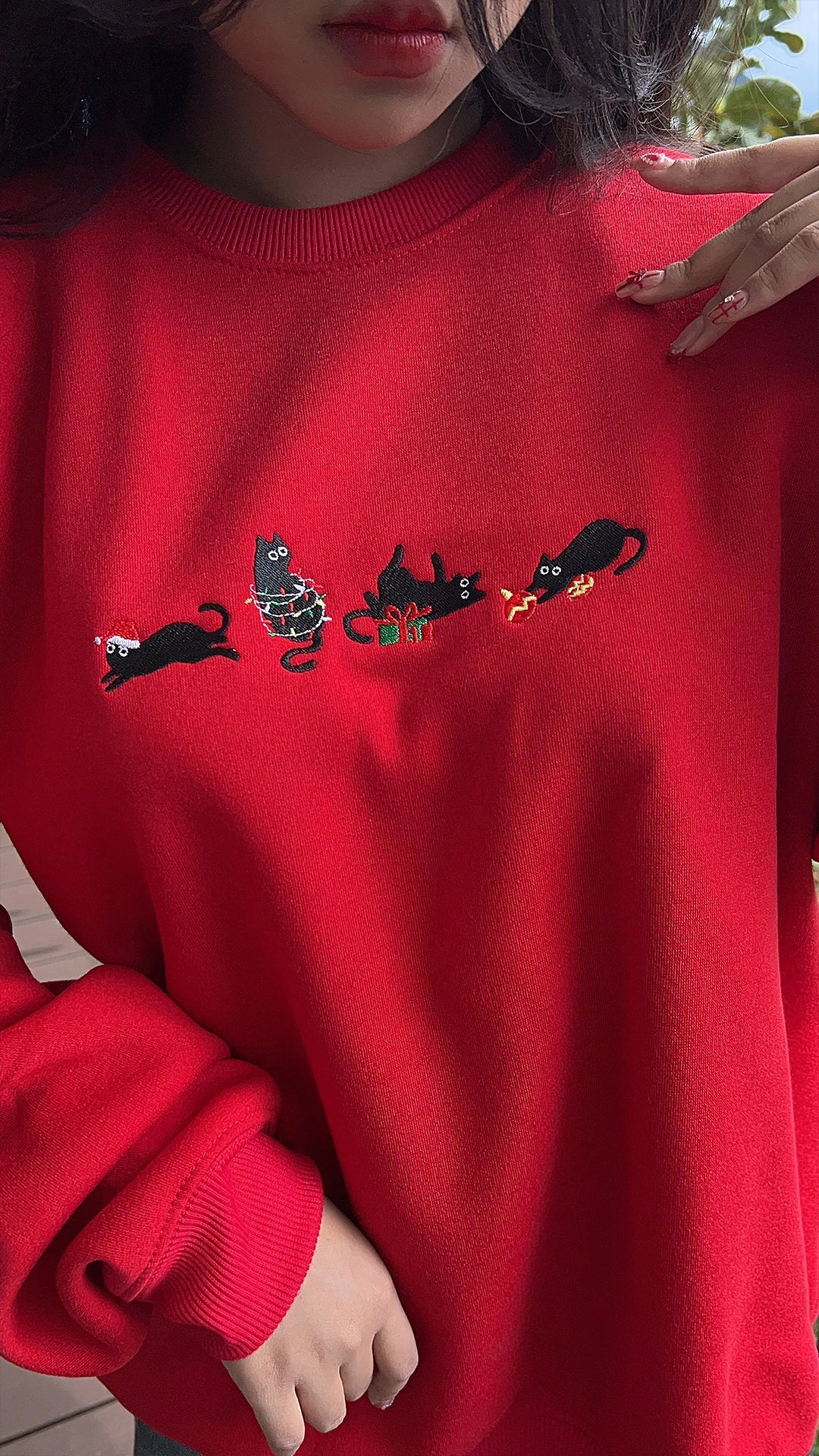 Christmas Cat Embroidered Sweatshirt