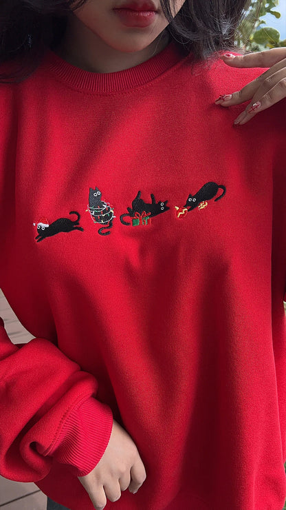 Christmas Cat Embroidered Sweatshirt