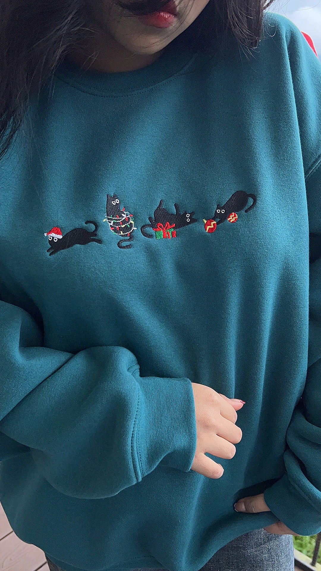 Christmas Cat Embroidered Sweatshirt