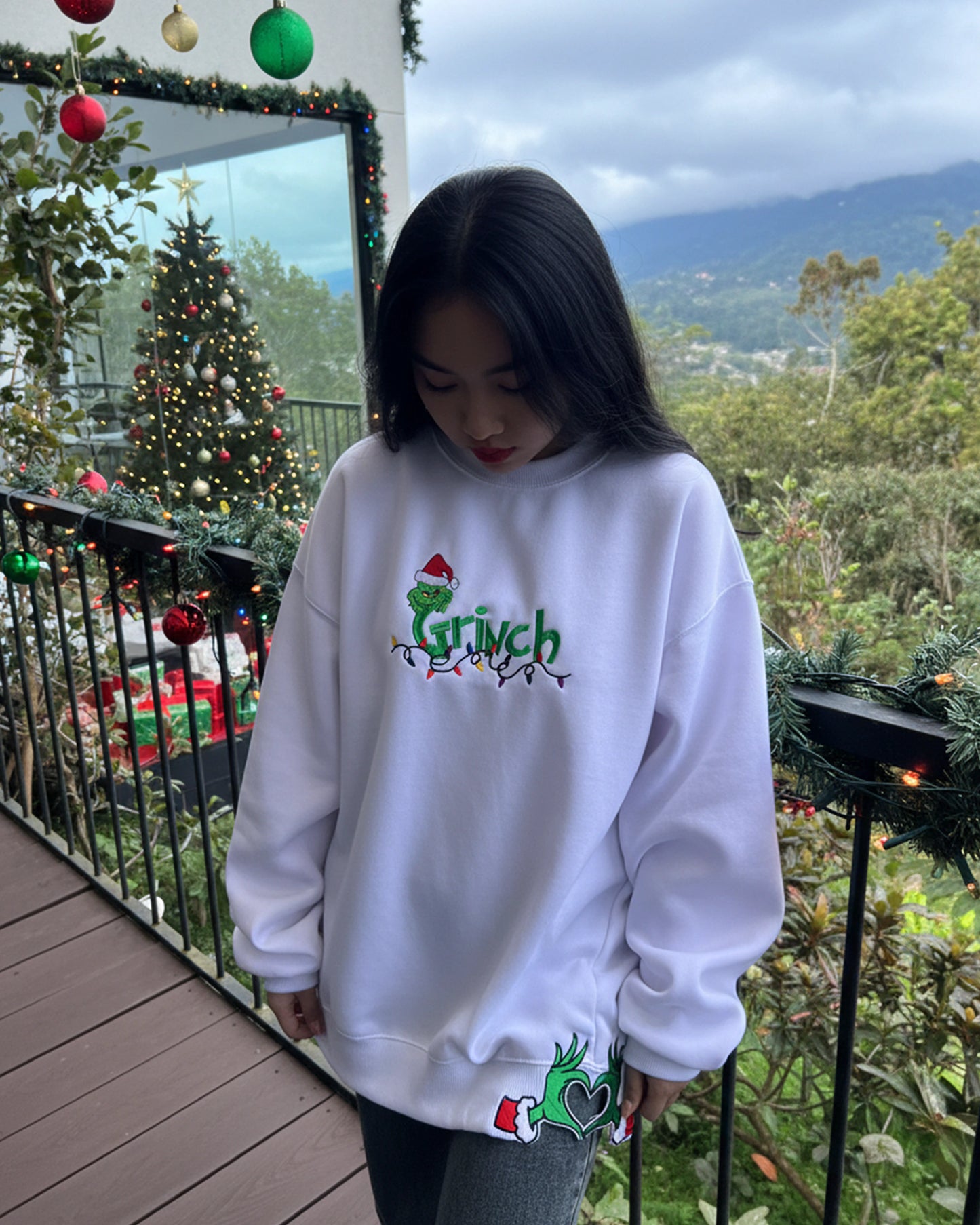 Grinch Side Bow Embroidered Sweatshirt, Grinch Christmas Hoodie, Merry Xmas Embroidery Pullover, Happy Winter Season Gift