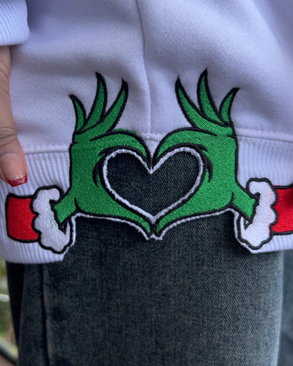 Grinch Side Bow Embroidered Sweatshirt, Grinch Christmas Hoodie, Merry Xmas Embroidery Pullover, Happy Winter Season Gift