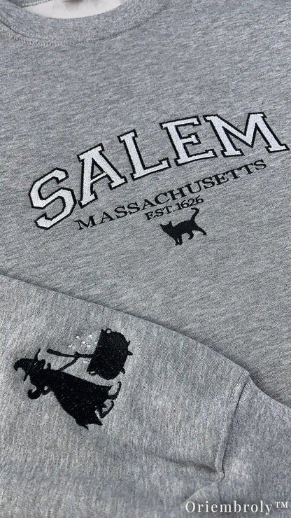 Salem Massachusetts Embroidered Sweatshirt – Witchy Varsity Fleece Crewneck, Gothic Autumn Unisex Gift