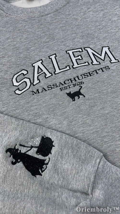 Salem Massachusetts Embroidered Sweatshirt – Witchy Varsity Fleece Crewneck, Gothic Autumn Unisex Gift