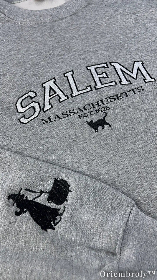 Salem Massachusetts Embroidered Sweatshirt – Witchy Varsity Fleece Crewneck, Gothic Autumn Unisex Gift