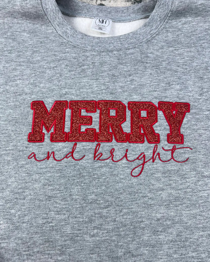 Merry and Bright Glitter Embroidered Bow Sweatshirt – Festive Holiday Sparkle Edition