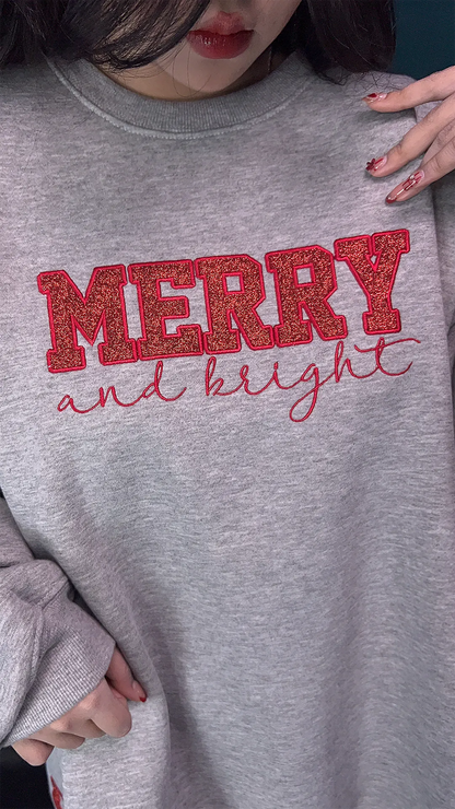 Merry and Bright Glitter Embroidered Bow Sweatshirt – Festive Holiday Sparkle Edition