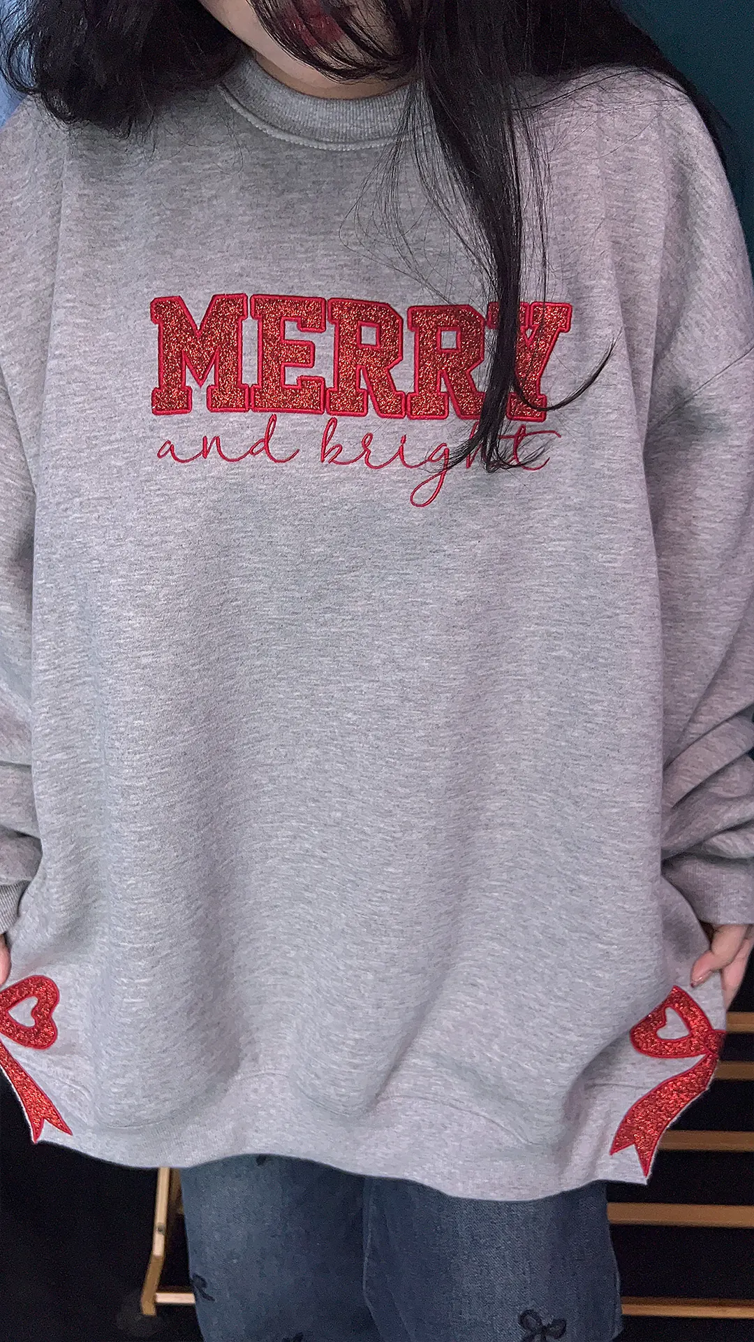 Merry and Bright Glitter Embroidered Bow Sweatshirt – Festive Holiday Sparkle Edition