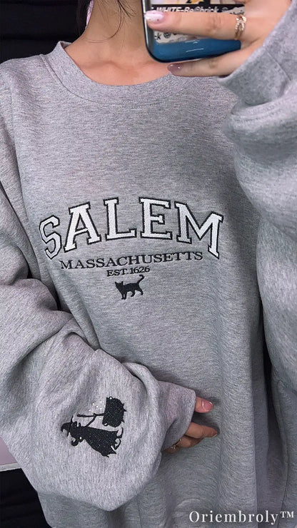 Salem Massachusetts Embroidered Sweatshirt – Witchy Varsity Fleece Crewneck, Gothic Autumn Unisex Gift