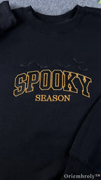 Spooky Season Embroidered Sweatshirt – Varsity Halloween Fleece Crewneck, Cozy Unisex Fall Pullover
