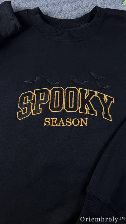 Spooky Season Embroidered Sweatshirt – Varsity Halloween Fleece Crewneck, Cozy Unisex Fall Pullover