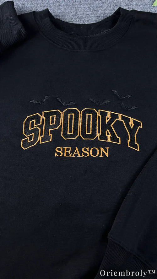 Spooky Season Embroidered Sweatshirt – Varsity Halloween Fleece Crewneck, Cozy Unisex Fall Pullover