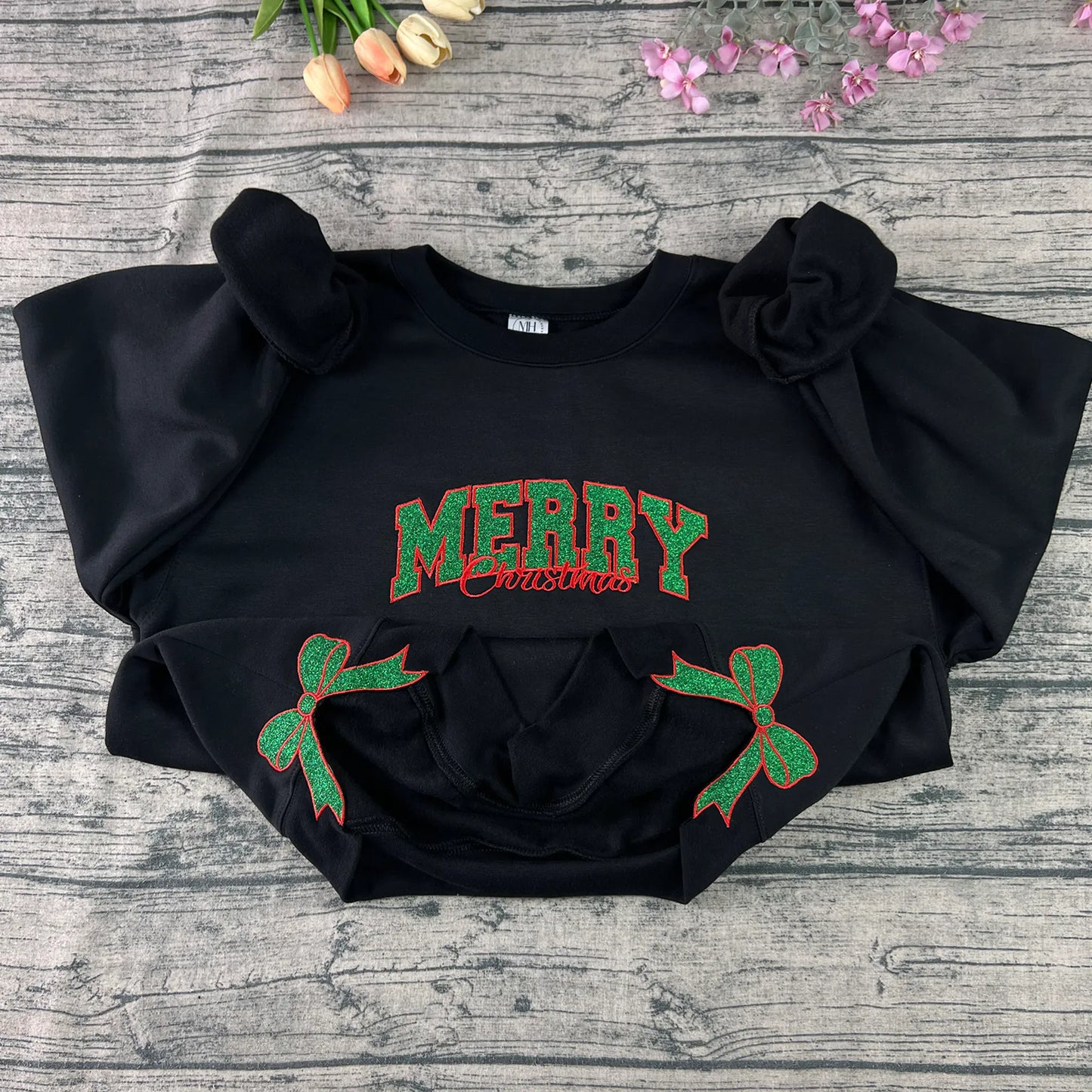 Holiday Glitter Merry Sweatshirt – Double Bow Embroidery