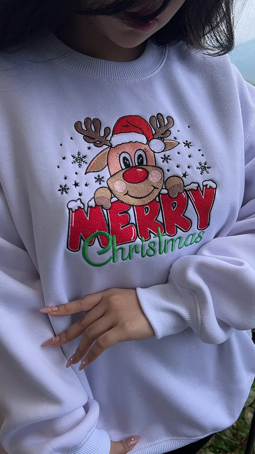 Merry Christmas Reindeer Embroidered Sweatshirt