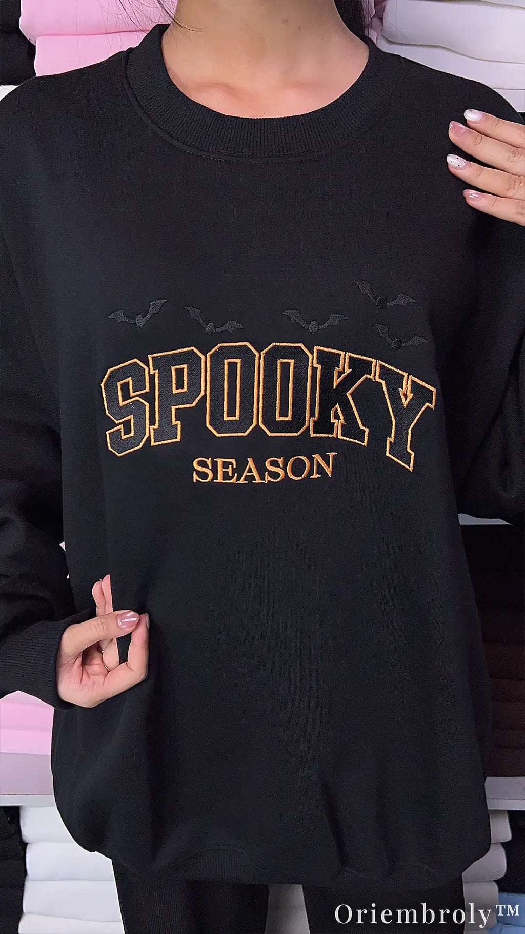 Spooky Season Embroidered Sweatshirt – Varsity Halloween Fleece Crewneck, Cozy Unisex Fall Pullover