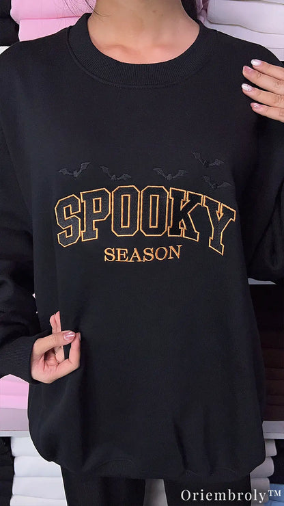 Spooky Season Embroidered Sweatshirt – Varsity Halloween Fleece Crewneck, Cozy Unisex Fall Pullover