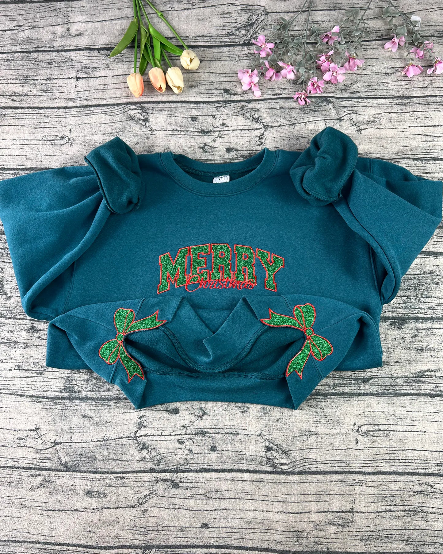 Holiday Glitter Merry Sweatshirt – Double Bow Embroidery