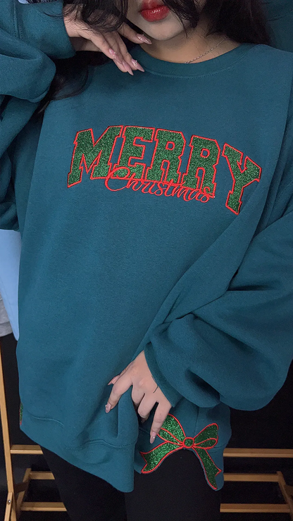 Holiday Glitter Merry Sweatshirt – Double Bow Embroidery