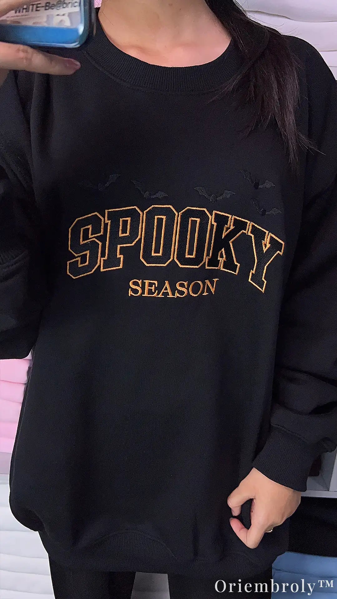 Spooky Season Embroidered Sweatshirt – Varsity Halloween Fleece Crewneck, Cozy Unisex Fall Pullover