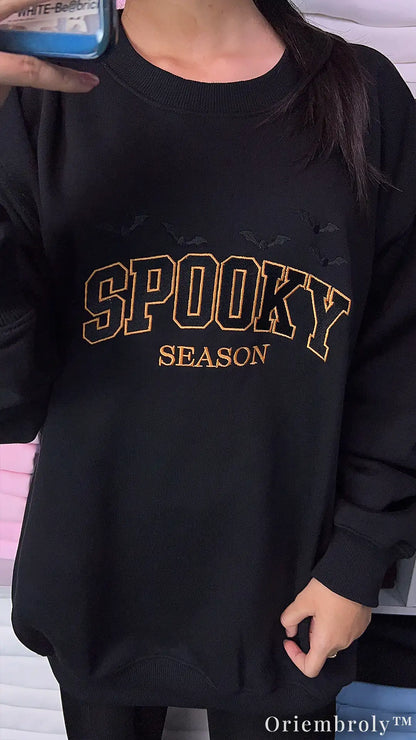 Spooky Season Embroidered Sweatshirt – Varsity Halloween Fleece Crewneck, Cozy Unisex Fall Pullover