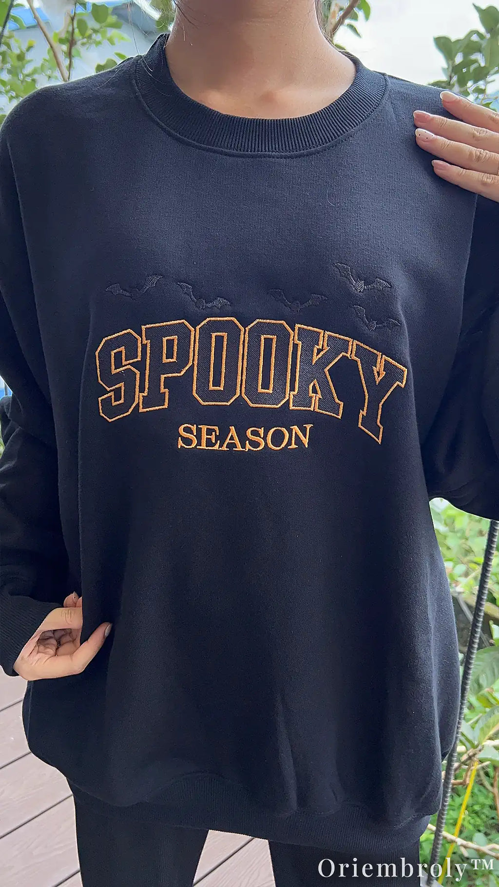 Spooky Season Embroidered Sweatshirt – Varsity Halloween Fleece Crewneck, Cozy Unisex Fall Pullover