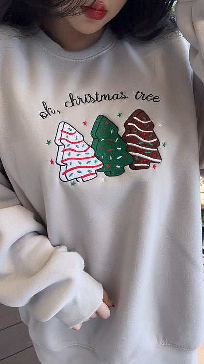 Embroidered Christmas Tree Crewneck Sweatshirt - Cozy Holiday Shirt