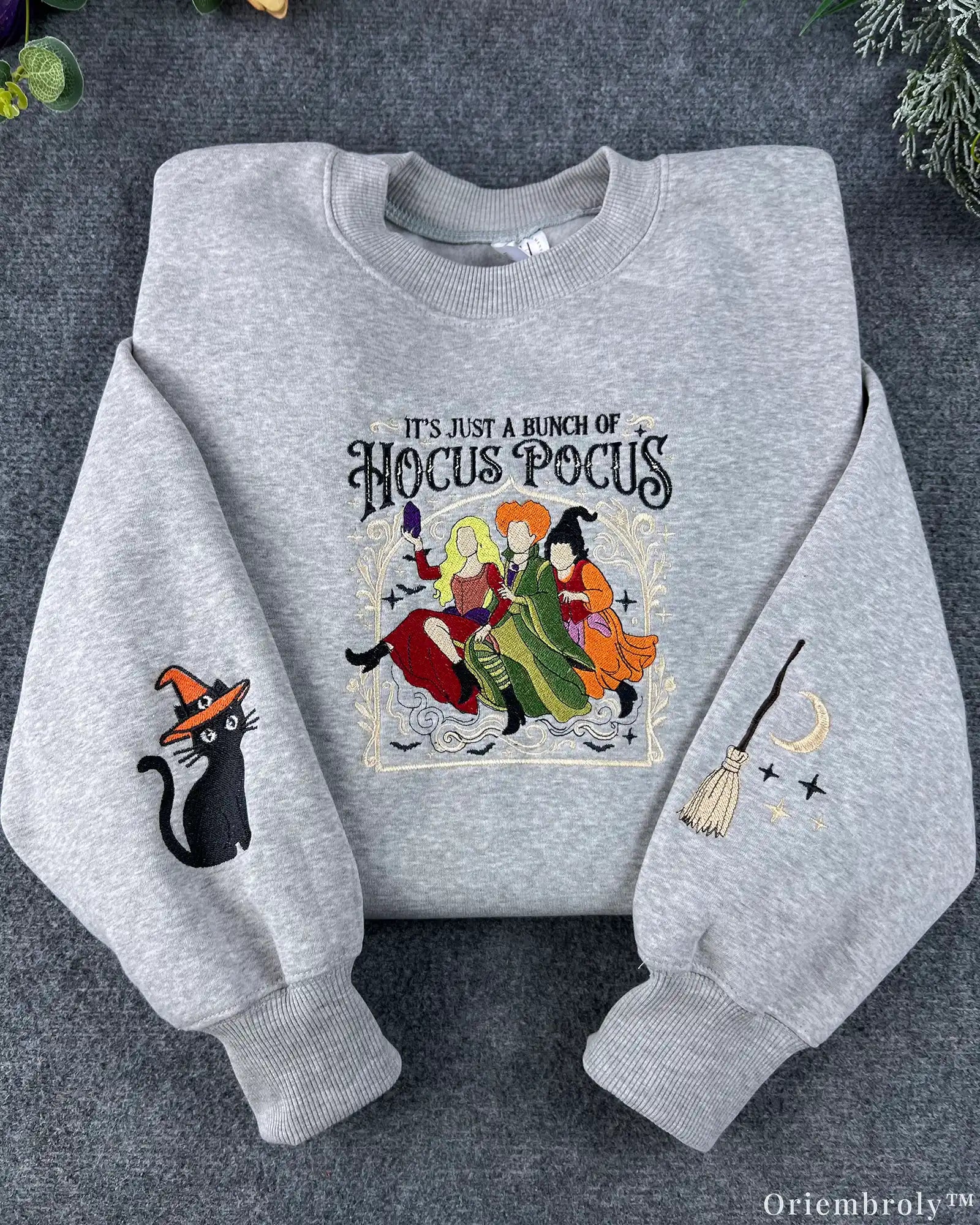 Halloween Embroidered Crewneck Sweatshirt Vintage Witch-Inspired Chest & Sleeve Design Unisex Oversized Pullover