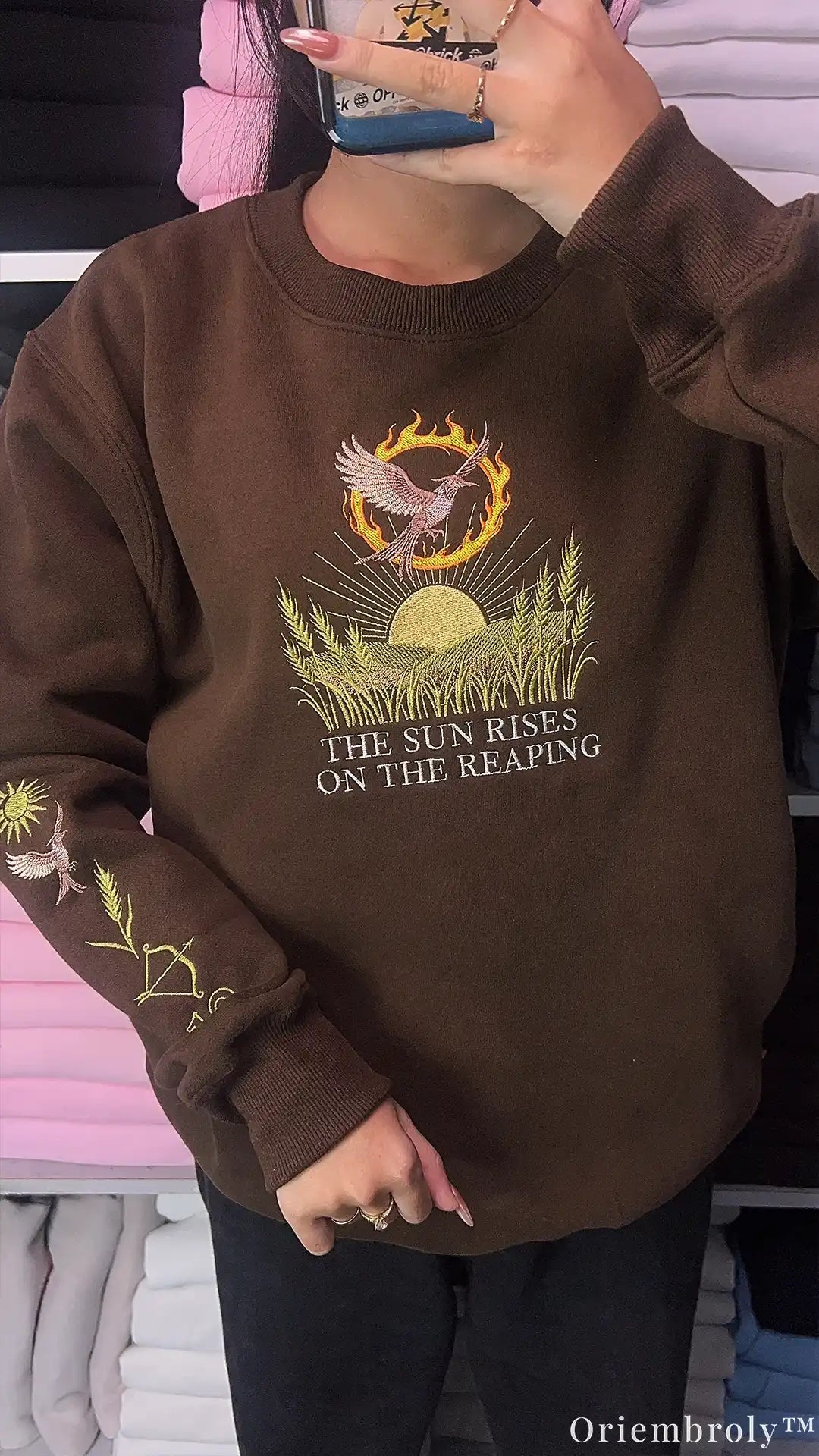 Fiery Bird Sunrise Reaping Crest Embroidered Crewneck Sweatshirt
